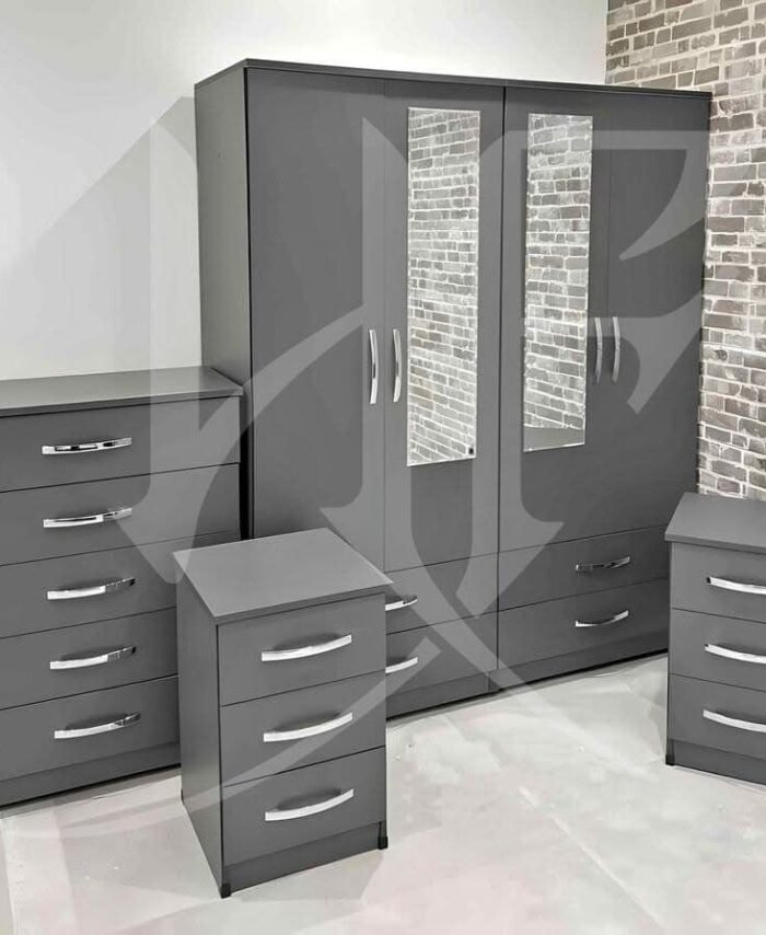 Grey bedroom set 4 door wardrobe with set of drawers