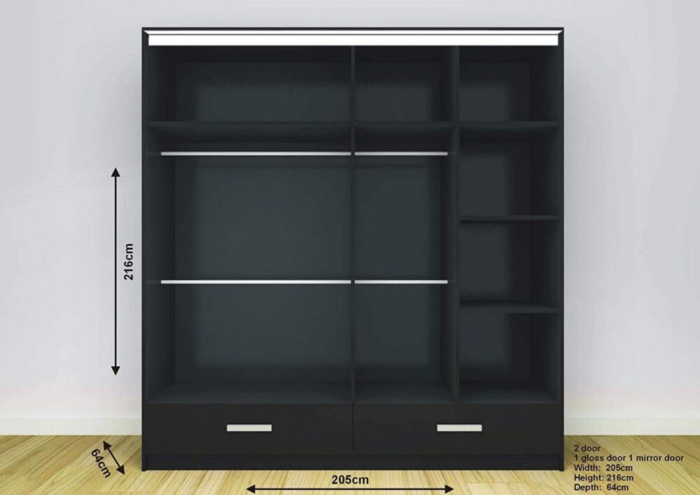 205cm Sliding Door Wardrobe | Gloss Black - Image 2