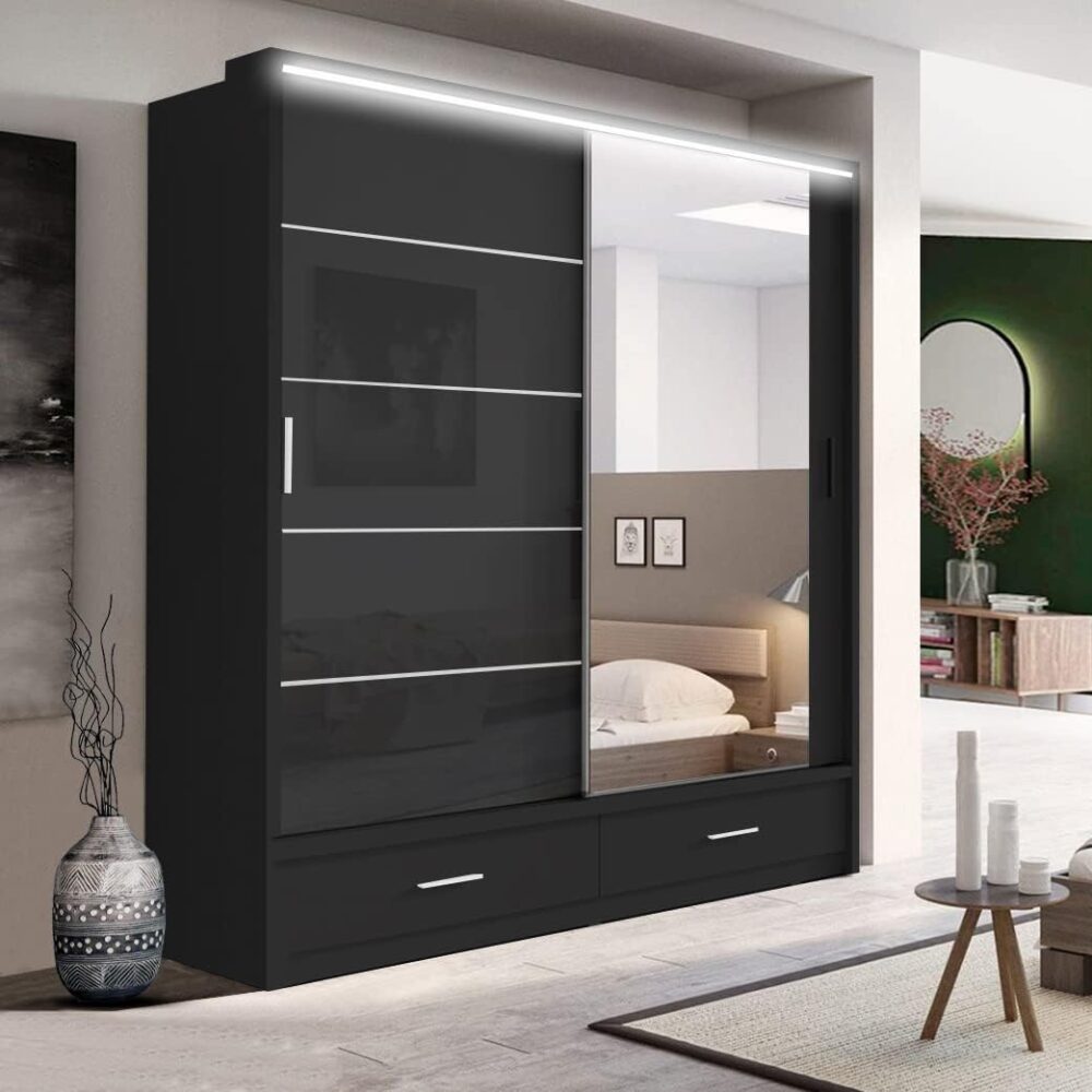 205cm Sliding Door Wardrobe | Gloss Black