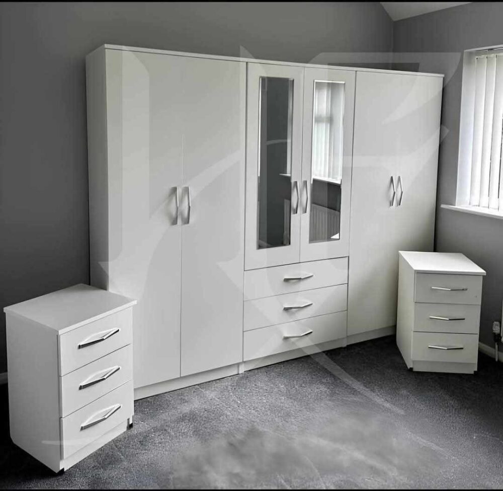 High-Quality White 6 Door Wardrobe & Bedside Table Set – Ready Assembled & Fast UK Delivery