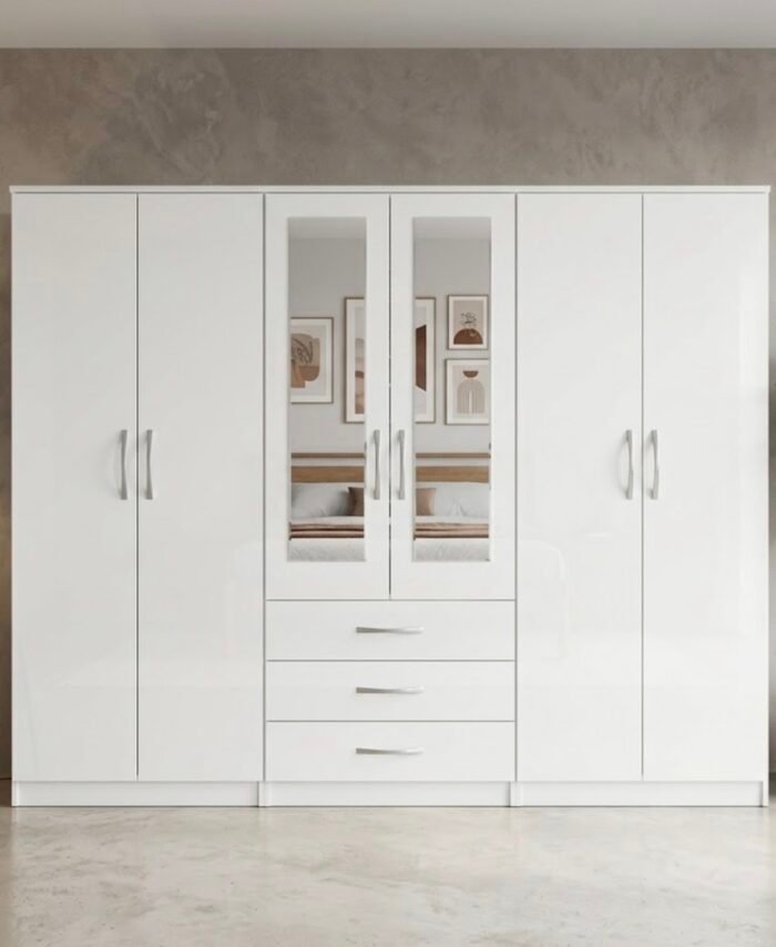 High-Quality White 6 Door Wardrobe & Bedside Table Set – Ready Assembled & Fast UK Delivery