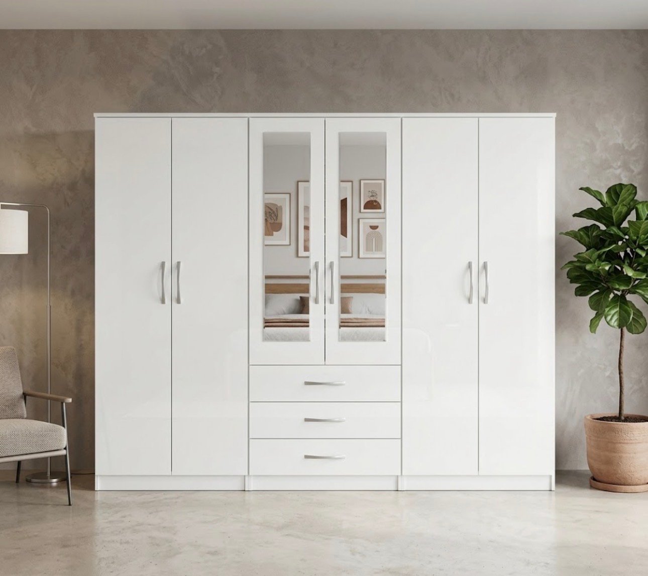 High-Quality White 6 Door Wardrobe & Bedside Table Set – Ready Assembled & Fast UK Delivery