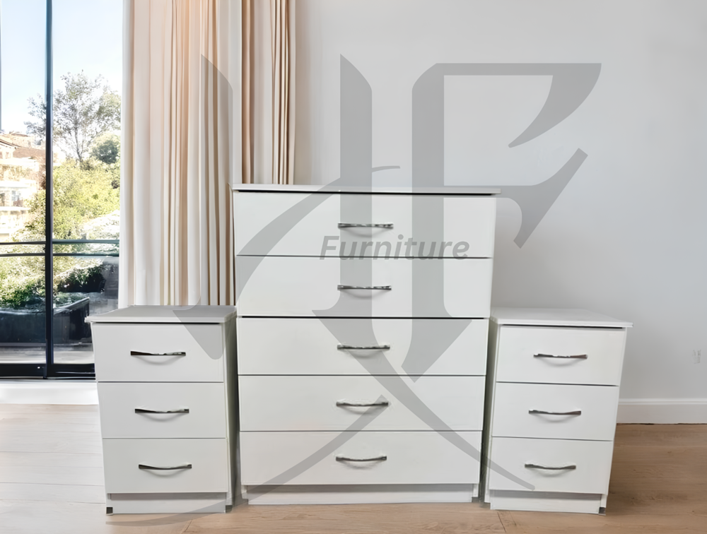 White Chest of Drawers with Bedside Tables – 3 Piece Bedroom Furniture Set – Ready Assembled – Free UK Delivery