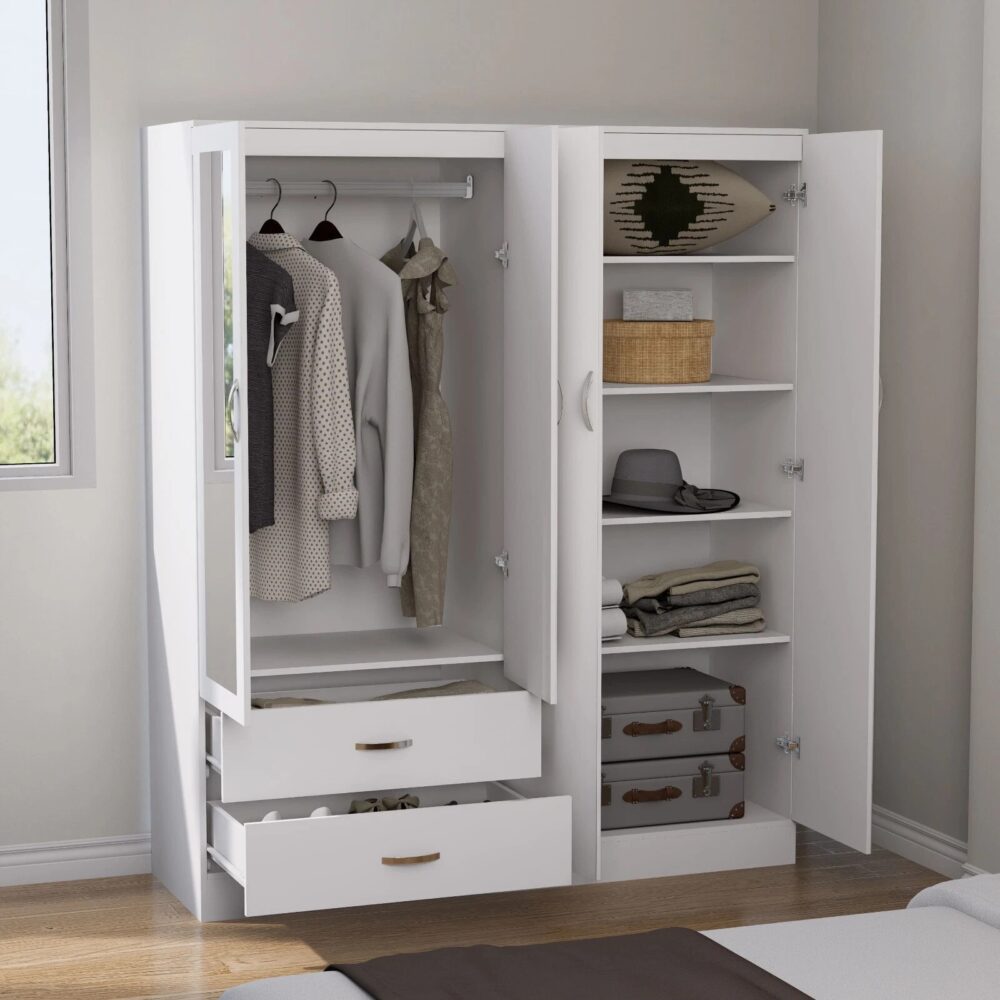 White 4 Door Wardrobe with Mirrors & 2 Drawers – Ready Assembled, Hanging Rail & Shelves, Fast Delivery - Image 3