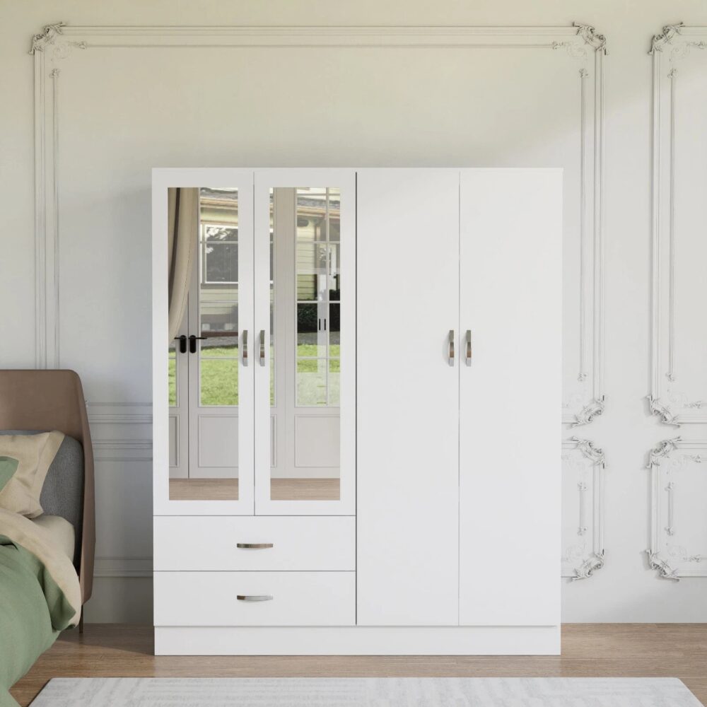 White 4 Door Wardrobe with Mirrors & 2 Drawers – Ready Assembled, Hanging Rail & Shelves, Fast Delivery - Image 7