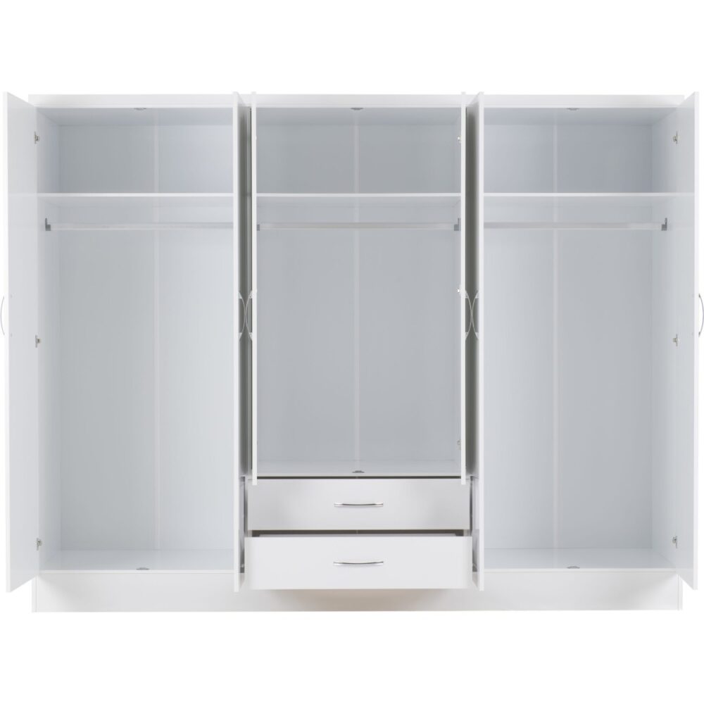 6 Door 2 Drawer Wardrobe with Mirror Ready Assembled Bedroom Storage in White - Image 2