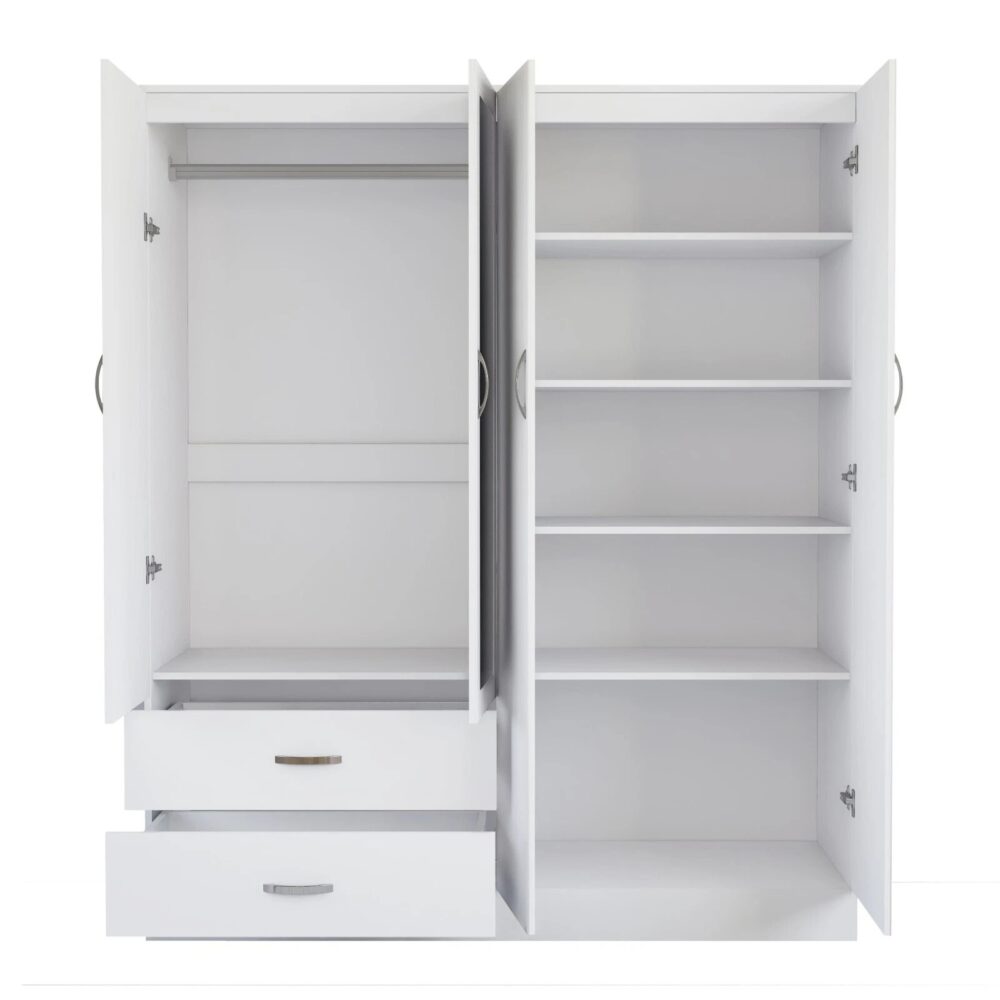 White 4 Door Wardrobe with Mirrors & 2 Drawers – Ready Assembled, Hanging Rail & Shelves, Fast Delivery - Image 5