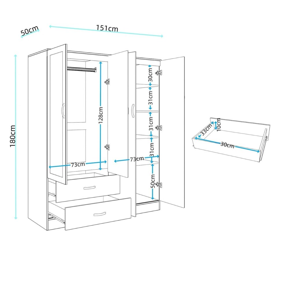 White 4 Door Wardrobe with Mirrors & 2 Drawers – Ready Assembled, Hanging Rail & Shelves, Fast Delivery - Image 6