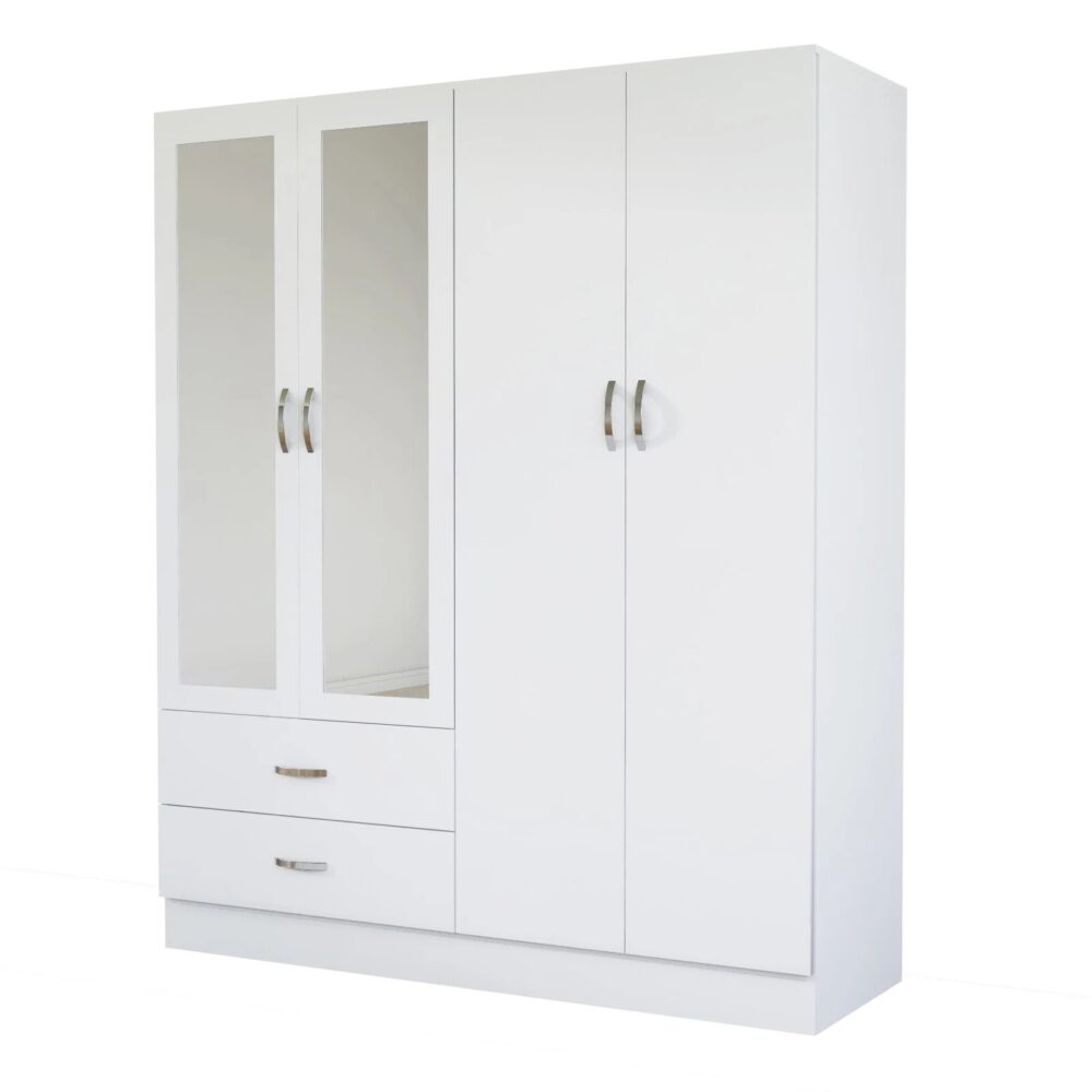 White 4 Door Wardrobe with Mirrors & 2 Drawers – Ready Assembled, Hanging Rail & Shelves, Fast Delivery - Image 2