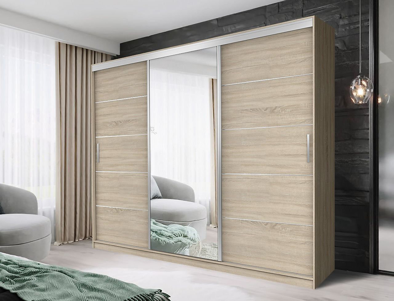 FHIF DALLAS 250cm Oak Sliding Door Wardrobe Modern Bedroom Storage with Full Length Mirror Shelves and Hanging Rails