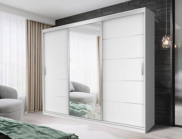 FHIF DALLAS 250cm White Sliding Door Wardrobe with Full Length Mirror For Modern Bedroom Storage with Shelves & Hanging Rails