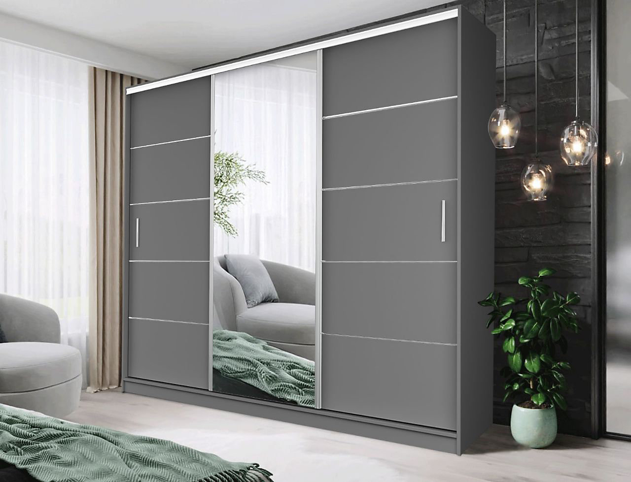 FHIF IBIZA 250cm Grey Sliding Door Wardrobe for Modern Bedroom Storage with Full Length Mirror, Shelves & Hanging Rails