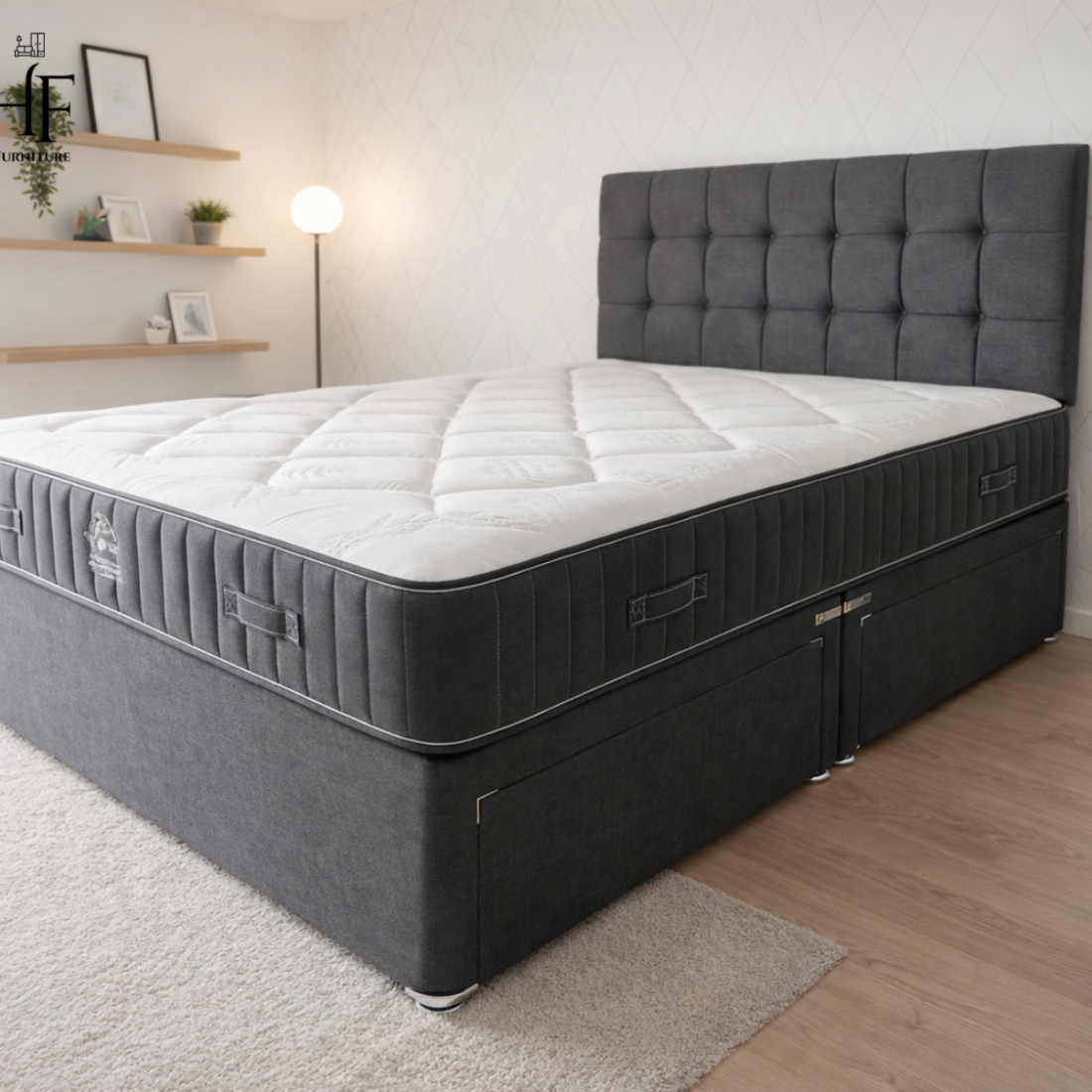 Premium Grey Divan Bed with Headboard and Mattress - HF Furniture UK