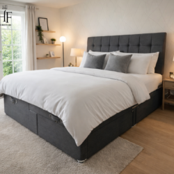 Premium Grey Divan Bed with Headboard and Mattress