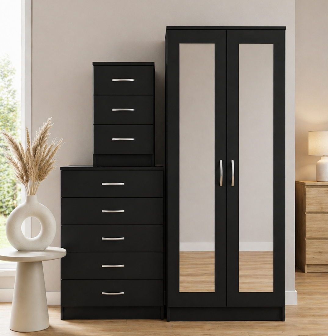 Black 2-door mirrored wardrobe set with 5-drawer chest and bedside table, ready assembled, UK