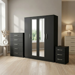 black 4-door mirrored wardrobe set with chest of drawers and bedside table, ready assembled, UK