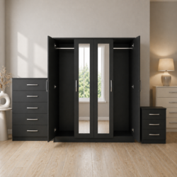 black 4-door mirrored wardrobe set with chest of drawers and bedside table, ready assembled, UK
