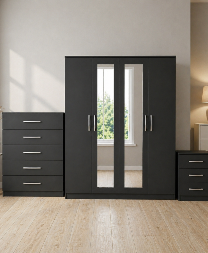 black 4-door mirrored wardrobe set with chest of drawers and bedside table, ready assembled, UK