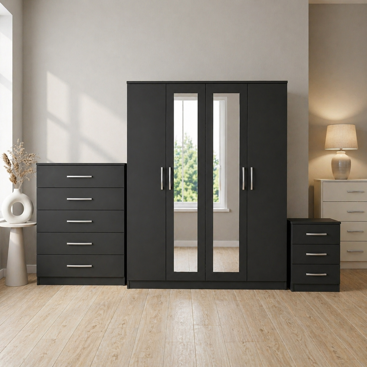 black 4-door mirrored wardrobe set with chest of drawers and bedside table, ready assembled, UK