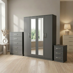 grey-4-door mirrored wardrobe set with chest of drawers and bedside table, ready assembled, UK
