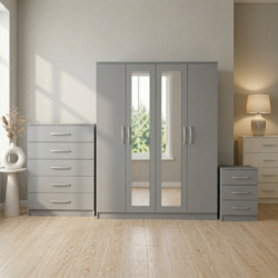 grey-4-door mirrored wardrobe set with chest of drawers and bedside table, ready assembled, UK