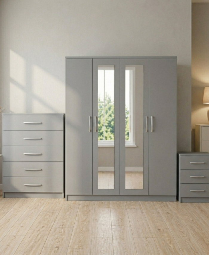 grey-4-door mirrored wardrobe set with chest of drawers and bedside table, ready assembled, UK