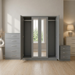 grey-4-door mirrored wardrobe set with chest of drawers and bedside table, ready assembled, UK