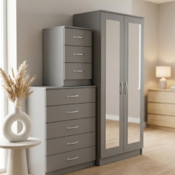 Grey 2-door mirrored wardrobe set with 5-drawer chest and bedside table, ready assembled, UK