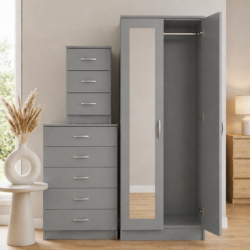 Grey 2-door mirrored wardrobe set with 5-drawer chest and bedside table, ready assembled, UK
