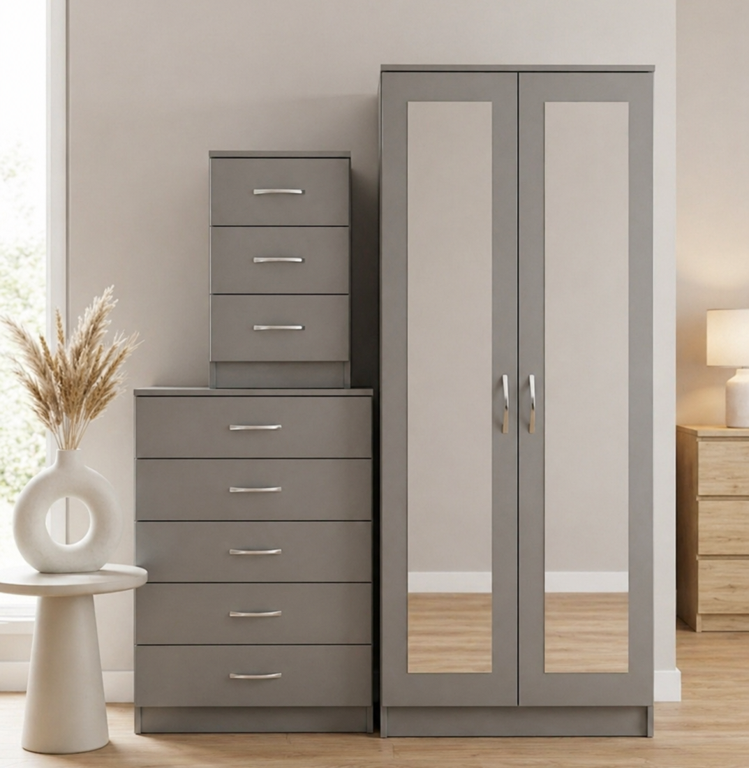 Grey 2-door mirrored wardrobe set with 5-drawer chest and bedside table, ready assembled, UK