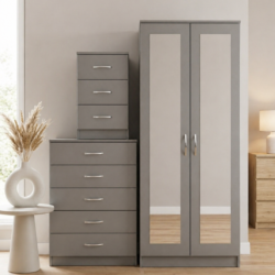 Grey 2-door mirrored wardrobe set with 5-drawer chest and bedside table, ready assembled, UK
