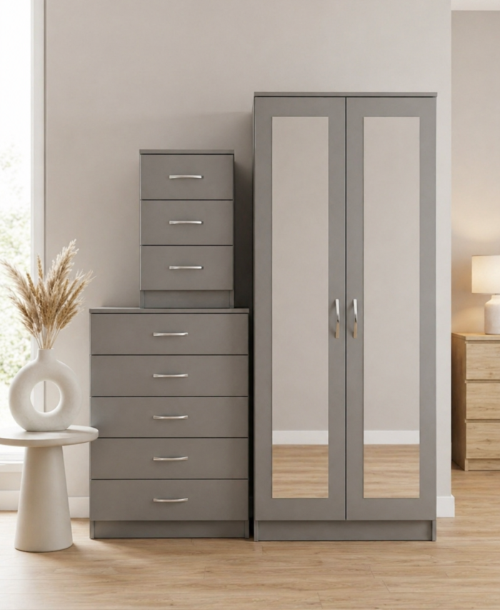Grey 2-door mirrored wardrobe set with 5-drawer chest and bedside table, ready assembled, UK
