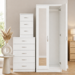 White 2-door mirrored wardrobe set with 5-drawer chest and bedside table, ready assembled, UK