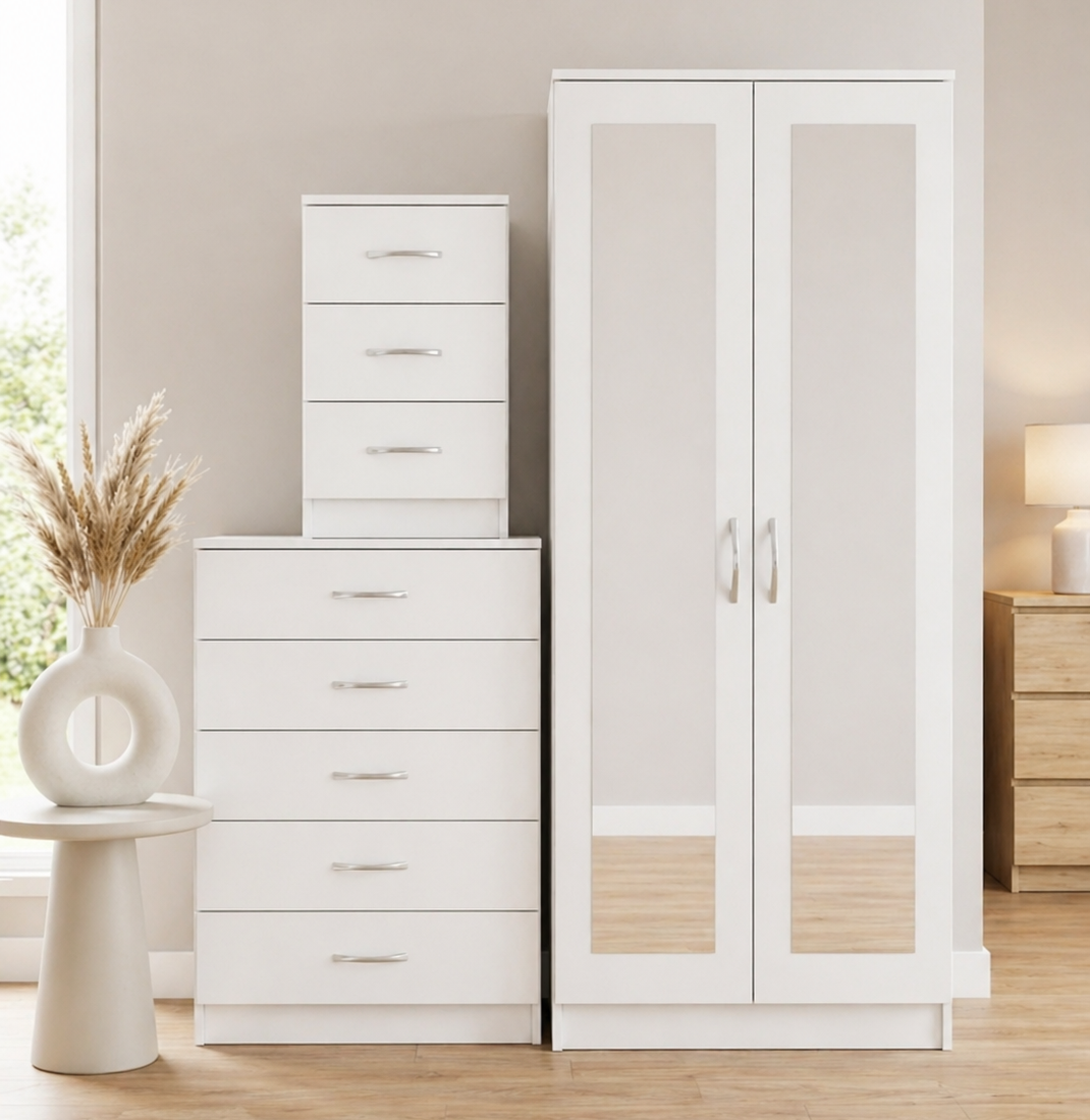White 2-door mirrored wardrobe set with 5-drawer chest and bedside table, ready assembled, UK