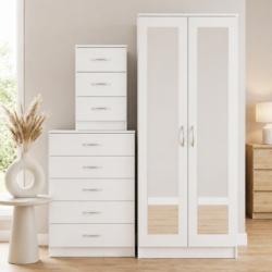 White 2-door mirrored wardrobe set with 5-drawer chest and bedside table, ready assembled, UK