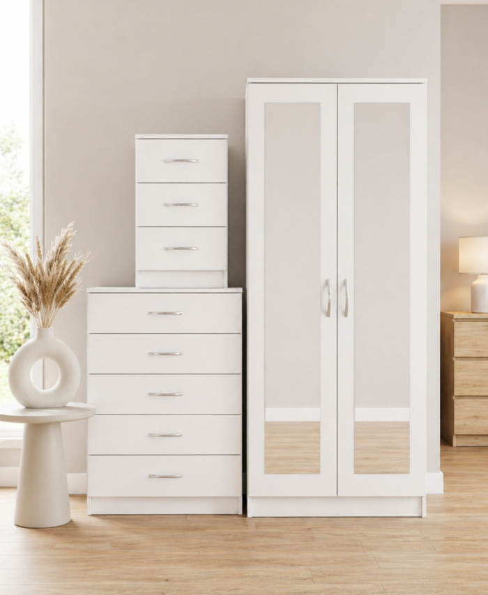 White 2-door mirrored wardrobe set with 5-drawer chest and bedside table, ready assembled, UK