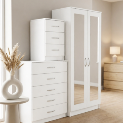 White 2-door mirrored wardrobe set with 5-drawer chest and bedside table, ready assembled, UK