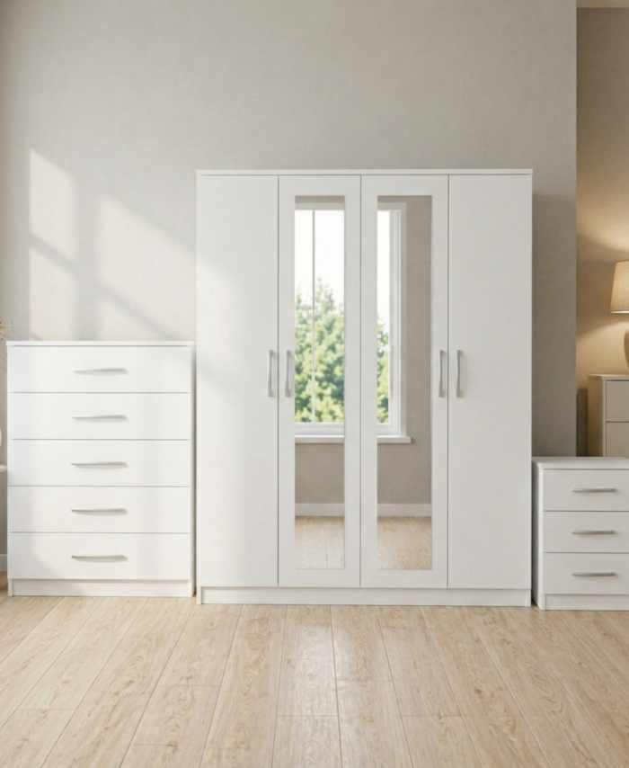 white-4-door mirrored wardrobe set with chest of drawers and bedside table, ready assembled, UK