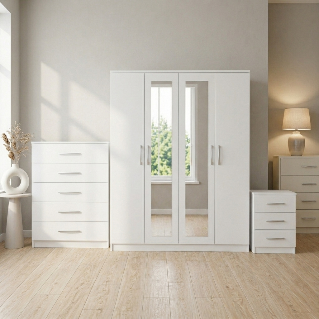 white-4-door mirrored wardrobe set with chest of drawers and bedside table, ready assembled, UK