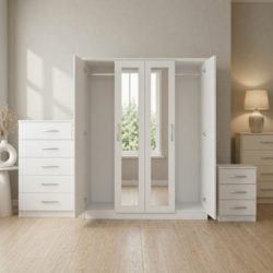white-4-door mirrored wardrobe set with chest of drawers and bedside table, ready assembled, UK