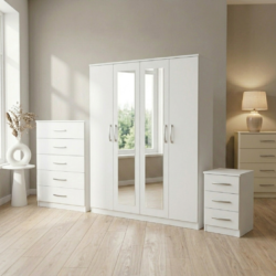 white-4-door mirrored wardrobe set with chest of drawers and bedside table, ready assembled, UK