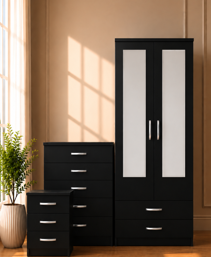 Black 2-Door Mirrored Wardrobe Set | Ready Assembled | Multiple Configurations | HF Furnitures