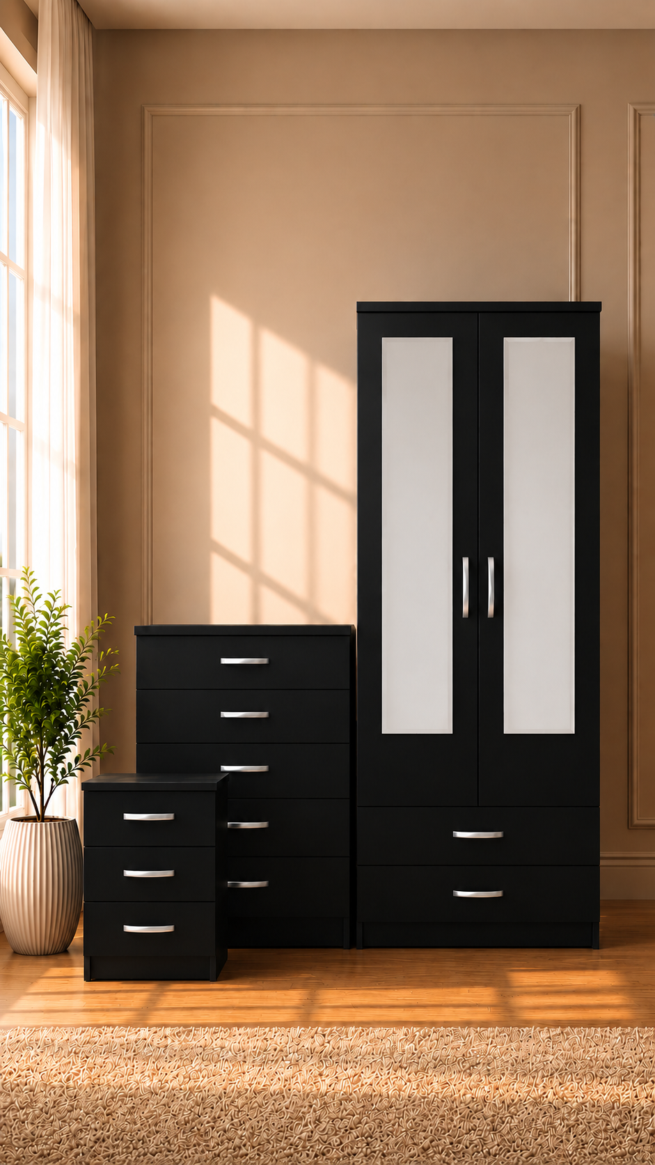 Black 2-Door Mirrored Wardrobe Set | Ready Assembled | Multiple Configurations | HF Furnitures