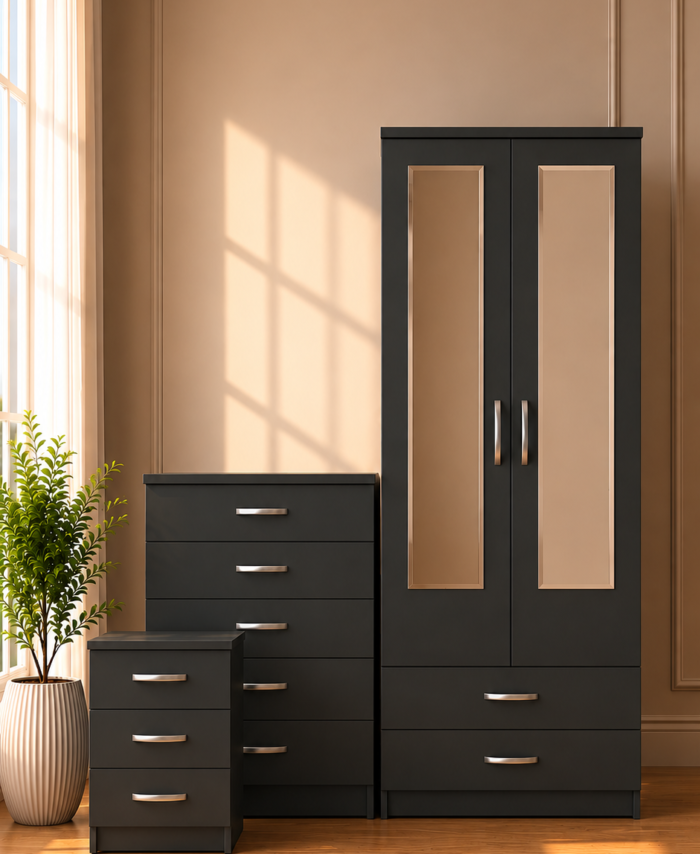 Grey 2-Door Mirrored Wardrobe Set | Ready Assembled | Multiple Configurations | HF Furnitures