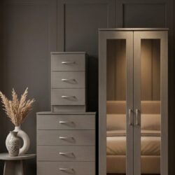 Grey 2-doors mirrored wardrobe set with 5-drawer chest and bedside table, ready assembled, UK