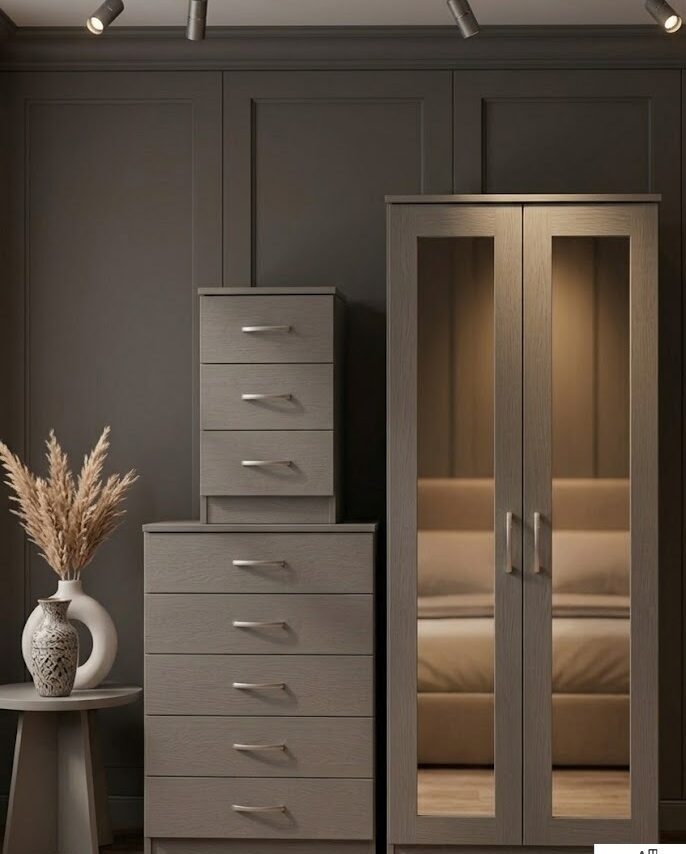 Grey 2-doors mirrored wardrobe set with 5-drawer chest and bedside table, ready assembled, UK