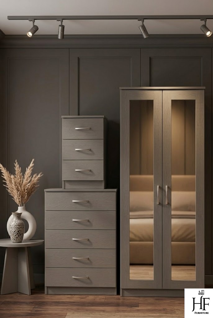 Grey 2-doors mirrored wardrobe set with 5-drawer chest and bedside table, ready assembled, UK