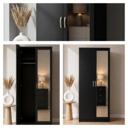 2 door wardrobe with mirror black grey white ready assembled uk