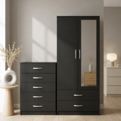 Black 2-doors mirrored wardrobe and 5-drawer chest of drawers bedroom furniture set for just £270. This 2-piece bedroom set comes ready assembled.