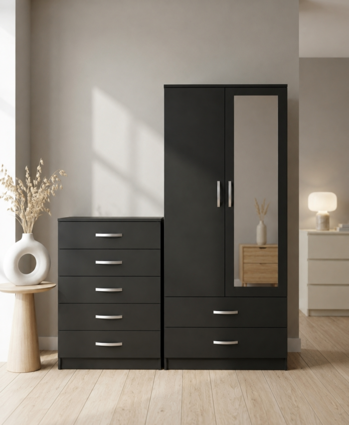 Black 2-doors mirrored wardrobe and 5-drawer chest of drawers bedroom furniture set for just £270. This 2-piece bedroom set comes ready assembled.